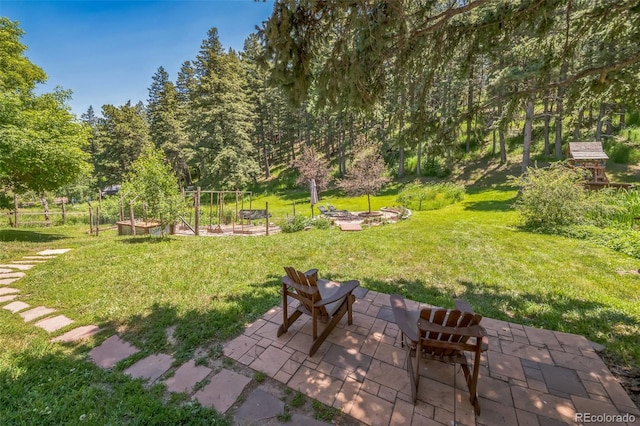 570 Columbine Ave, Golden, CO 80401 - view of grassy yard with a vegetable garden and a patio