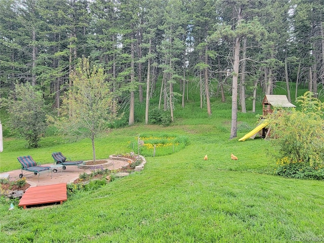 570 Columbine Ave, Golden, CO 80401 - view of grassy yard with a view of trees and a wooden deck