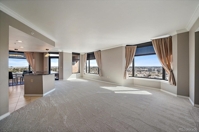 unfurnished living room with ornamental molding and a healthy amount of sunlight