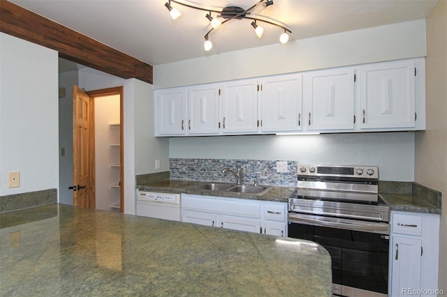 101 Ryan Gulch Ct Unit A202, Silverthorne, CO 80498 - kitchen featuring electric range, white dishwasher, dark countertops, and white cabinetry