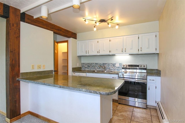 101 Ryan Gulch Ct Unit A202, Silverthorne, CO 80498 - kitchen featuring electric stove, a baseboard heating unit, white cabinets, and a peninsula