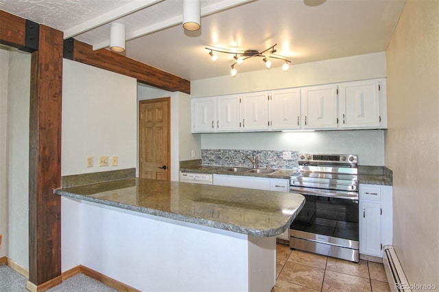 101 Ryan Gulch Ct Unit A202, Silverthorne, CO 80498 - kitchen with stainless steel range with electric cooktop, a baseboard heating unit, a peninsula, white cabinetry, and dark stone countertops