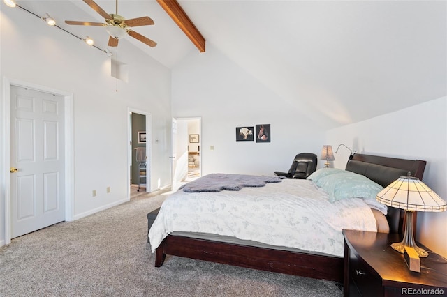 carpeted bedroom featuring high vaulted ceiling, beam ceiling, ceiling fan, and baseboards