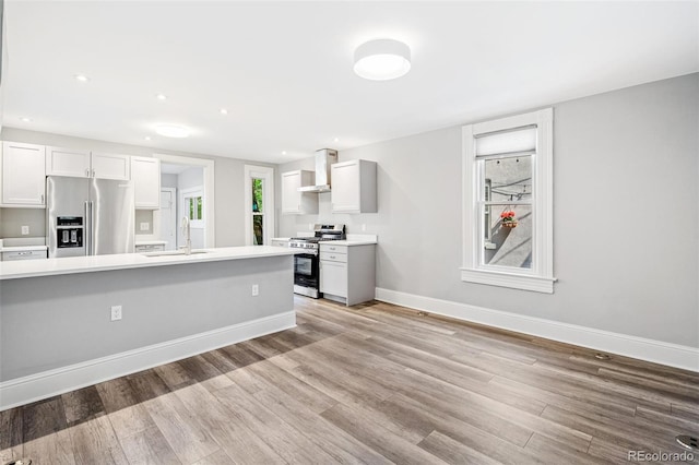 269 Delaware St, Denver, CO 80223 - kitchen featuring stainless steel appliances, wall chimney exhaust hood, light wood-style flooring, light countertops, and recessed lighting
