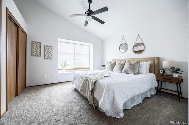 bedroom featuring ceiling fan, dark colored carpet, high vaulted ceiling, and a closet