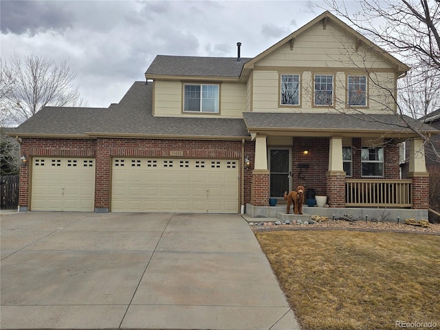 craftsman house featuring driveway, a shingled roof, a porch, and brick siding