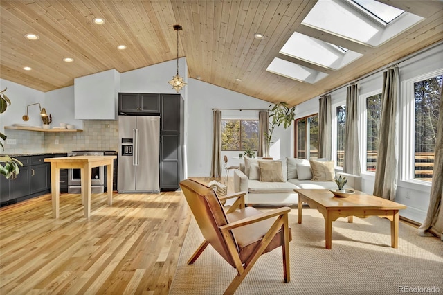 living room with lofted ceiling with skylight, recessed lighting, wooden ceiling, and light wood-style floors