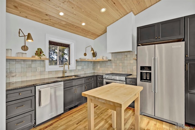 kitchen featuring high end appliances, lofted ceiling, dark stone countertops, open shelves, and a sink