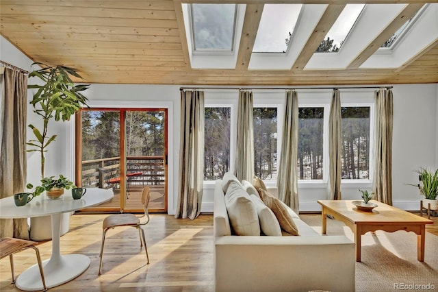 sunroom / solarium featuring vaulted ceiling with skylight and wooden ceiling