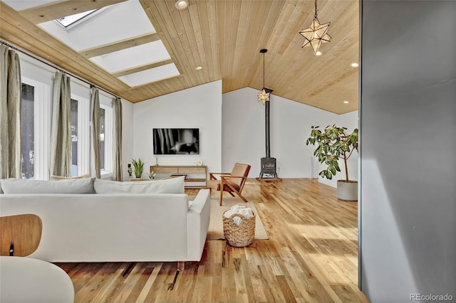 living room featuring recessed lighting, wood finished floors, wood ceiling, lofted ceiling with skylight, and a wood stove