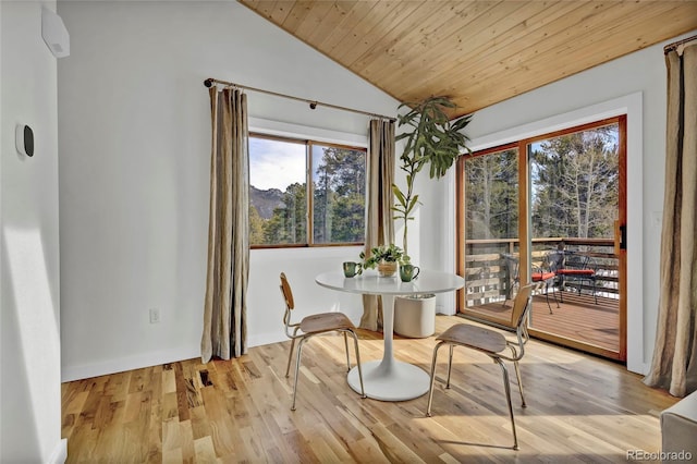 dining space with lofted ceiling, light wood finished floors, wood ceiling, and a healthy amount of sunlight