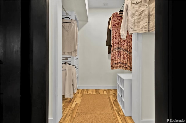 walk in closet with light wood finished floors