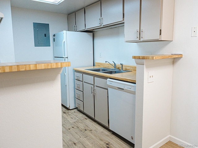 kitchen with electric panel, light wood-style floors, a sink, and white appliances