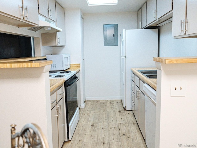 kitchen with electric panel, a sink, white appliances, under cabinet range hood, and light wood-style flooring