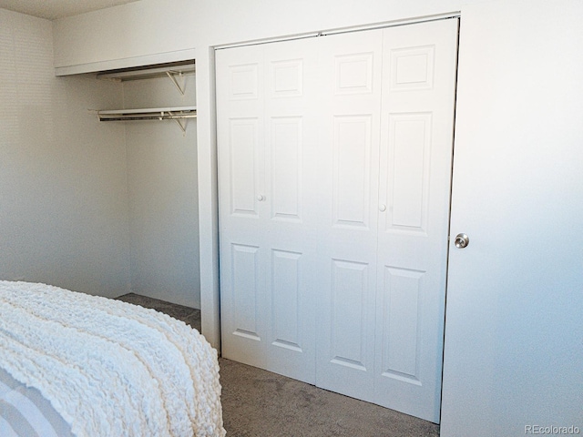 bedroom featuring dark colored carpet and multiple closets