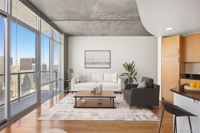 living room featuring a wall of windows and light wood-type flooring