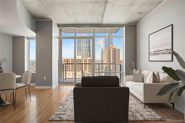 living room featuring hardwood / wood-style floors and a wall of windows