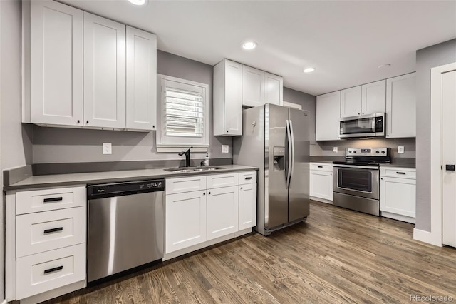 4425 S Lincoln St, Englewood, CO 80113 - kitchen with dark wood-style flooring, stainless steel appliances, white cabinetry, and a sink
