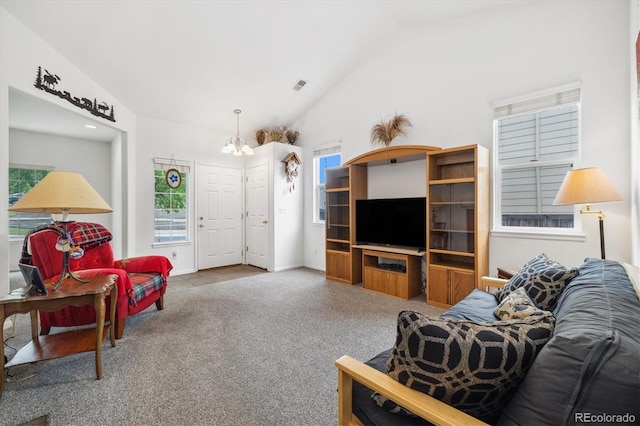 11030 Glacier Park Cir, Parker, CO 80138 - living room featuring carpet, lofted ceiling, plenty of natural light, and a chandelier