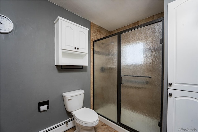 9940 N Calhan Hwy, Calhan, CO 80808 - bathroom with a shower stall, baseboard heating, and tile patterned floors