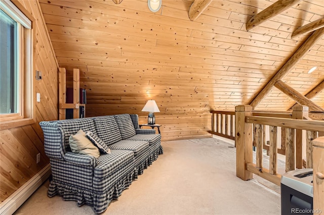 10450 Hondah Dr, Littleton, CO 80127 - living area featuring a baseboard heating unit, wooden walls, carpet floors, wooden ceiling, and vaulted ceiling