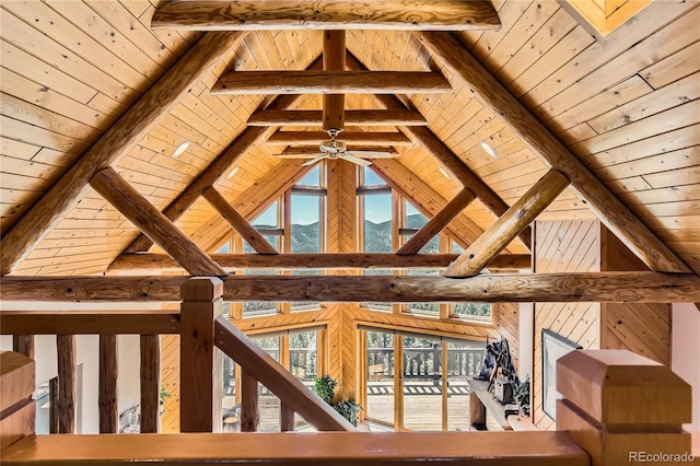 10450 Hondah Dr, Littleton, CO 80127 - detailed view of wood ceiling, beam ceiling, and a ceiling fan
