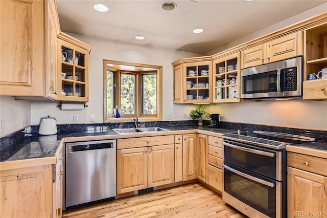 10450 Hondah Dr, Littleton, CO 80127 - kitchen featuring stainless steel appliances, a sink, light brown cabinetry, recessed lighting, and light wood-style flooring