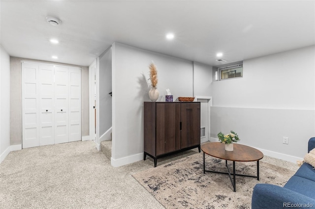 1220 Ash St, Denver, CO 80220 - living area featuring baseboards, stairs, recessed lighting, and carpet