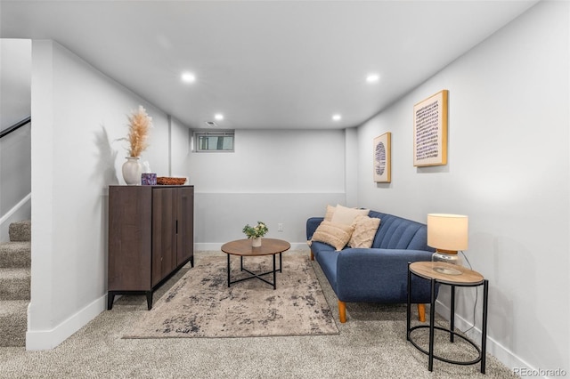 1220 Ash St, Denver, CO 80220 - sitting room featuring recessed lighting, stairs, baseboards, and carpet floors