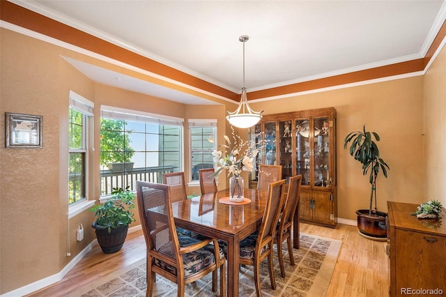 dining space with healthy amount of natural light, light wood-style flooring, crown molding, and baseboards