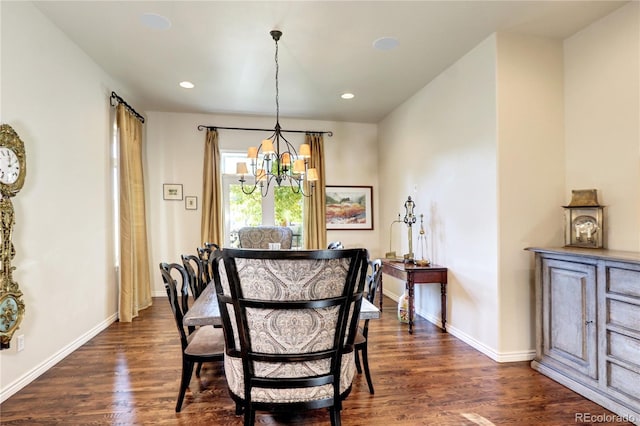 dining space with dark wood-style floors, baseboards, a chandelier, and recessed lighting