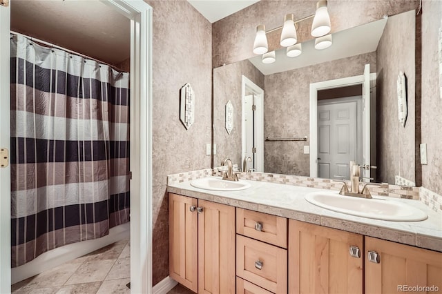 527 Stonemont Dr, Castle Pines, CO 80108 - bathroom featuring double vanity and curtained shower