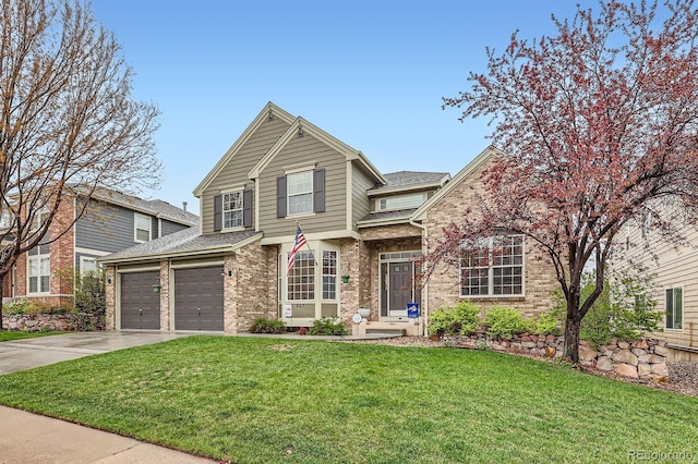 527 Stonemont Dr, Castle Pines, CO 80108 - traditional home with brick siding, driveway, a front lawn, and a shingled roof