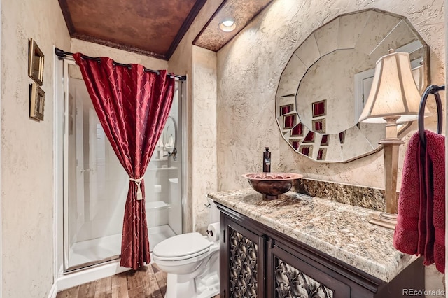 527 Stonemont Dr, Castle Pines, CO 80108 - full bath featuring a shower stall, a textured wall, wood finished floors, vanity, and toilet