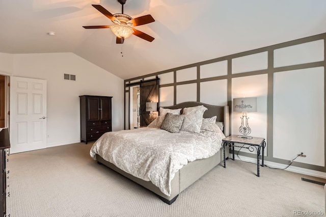 527 Stonemont Dr, Castle Pines, CO 80108 - bedroom with carpet floors, vaulted ceiling, baseboards, a barn door, and ceiling fan