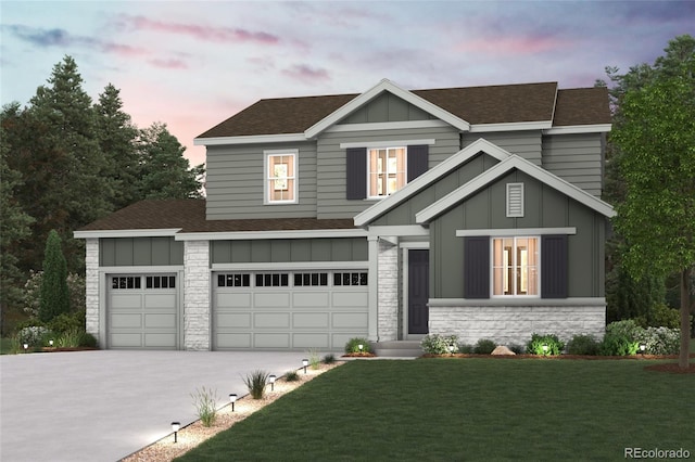 view of front facade featuring board and batten siding, a front lawn, concrete driveway, roof with shingles, and stone siding