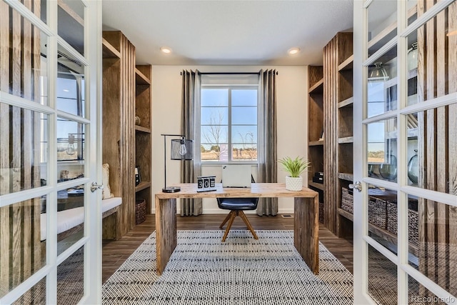 office area with wood finished floors, recessed lighting, and french doors