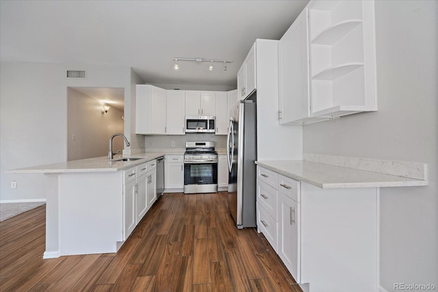kitchen featuring stainless steel appliances, a sink, a peninsula, and dark wood-style flooring