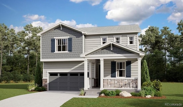 view of front facade with a porch, a garage, and a front yard