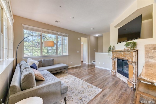 31112 Black Eagle Dr Unit 101, Evergreen, CO 80439 - living room with wood finished floors and a premium fireplace