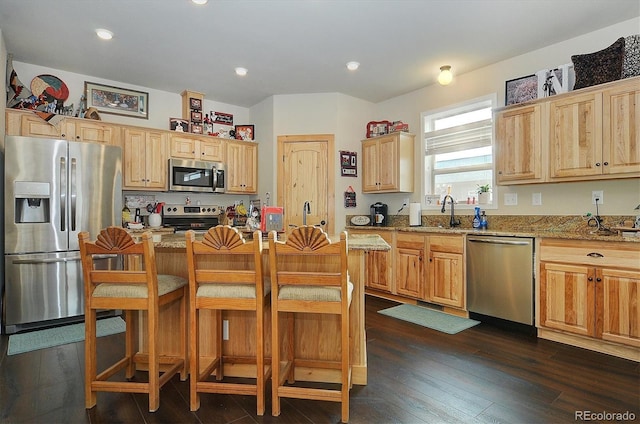 kitchen featuring light stone countertops, dark wood-type flooring, a breakfast bar area, and stainless steel appliances