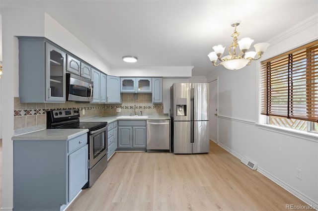 971 S Ironton St, Aurora, CO 80012 - kitchen featuring stainless steel appliances, a chandelier, light wood finished floors, gray cabinetry, and light countertops