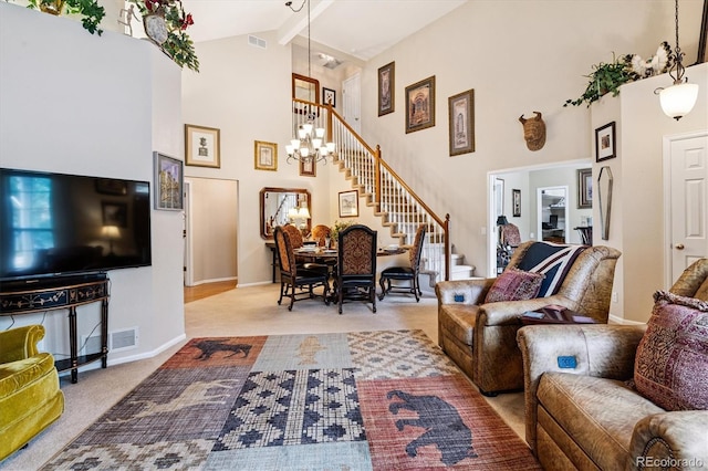 2992 W Long Dr Unit A, Littleton, CO 80120 - living area with stairs, high vaulted ceiling, carpet, beam ceiling, and a chandelier