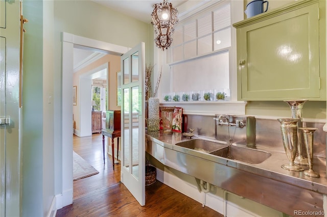199 Lafayette St, Denver, CO 80218 - kitchen with dark wood finished floors, green cabinets, and stainless steel countertops