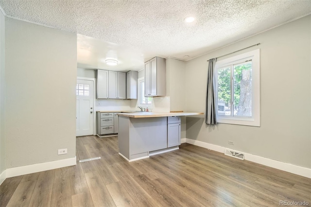2726 W 1st Ave, Denver, CO 80219 - kitchen featuring gray cabinets, a textured ceiling, wood finished floors, a peninsula, and a breakfast bar
