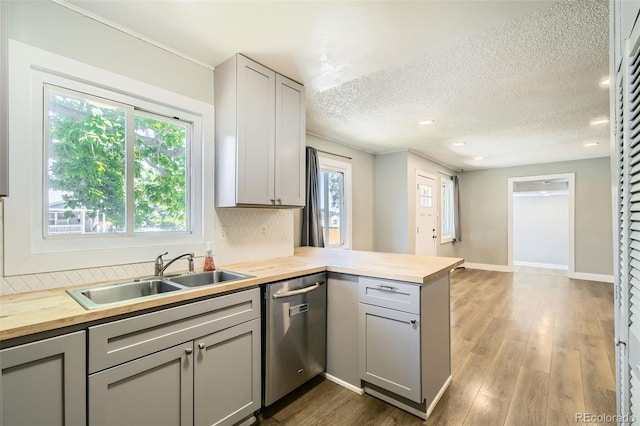 2726 W 1st Ave, Denver, CO 80219 - kitchen with dishwasher, butcher block countertops, gray cabinets, a peninsula, and recessed lighting