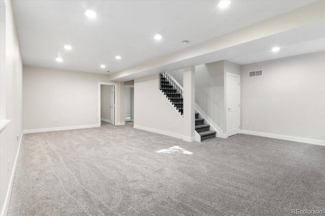 2089 Meadow Sweet Ln, Erie, CO 80516 - finished basement featuring stairway, recessed lighting, and carpet flooring