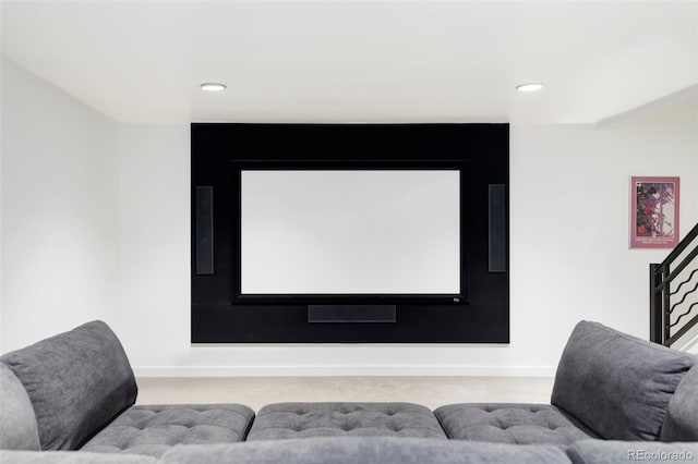 cinema room featuring recessed lighting, baseboards, and carpet