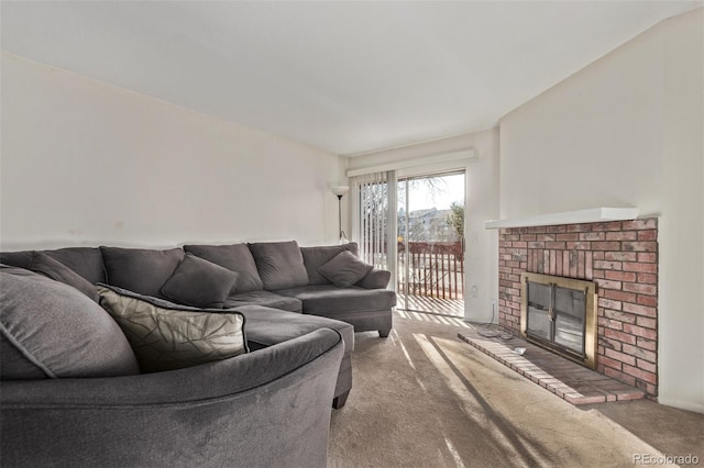 living room featuring light carpet and a fireplace