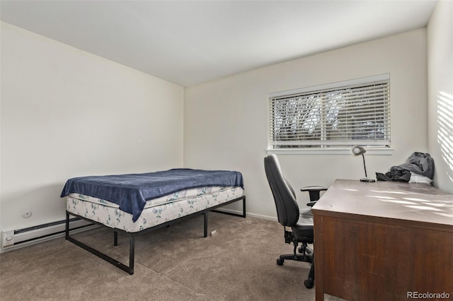 bedroom featuring a baseboard heating unit and carpet flooring